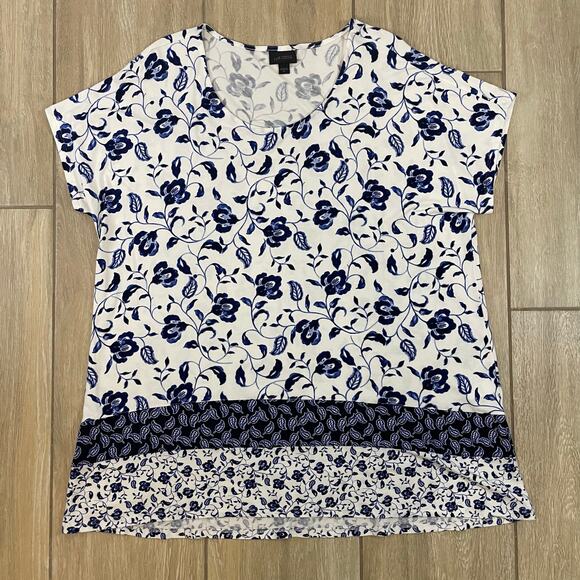 J.Jill Wearever Floral Mixed Print Tunic Top Blue White Short Sleeve XL - Picture 1 of 7